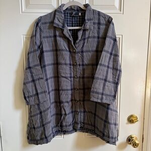 Fenini Lagenlook Gray blue Plaid 100% cotton Gauze tunic button down top L